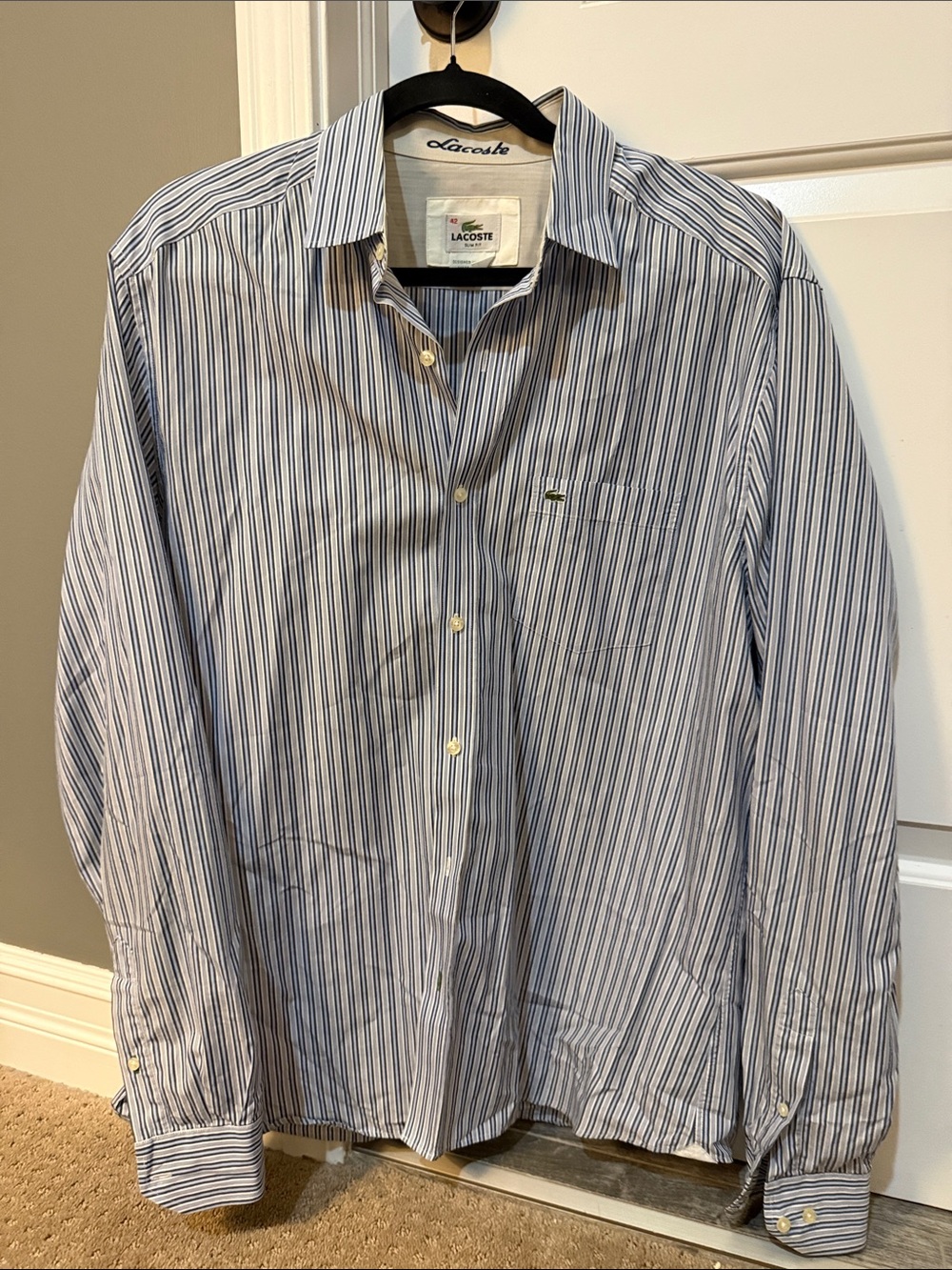 Lacoste Men's Navy and White Vertical Stripe Dress Shirt Size 42 Large